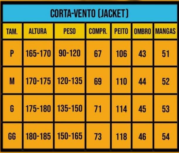 Tabela de Medidas das Camisa de Futebol Tabela de medidas Jaqueta corta vento 